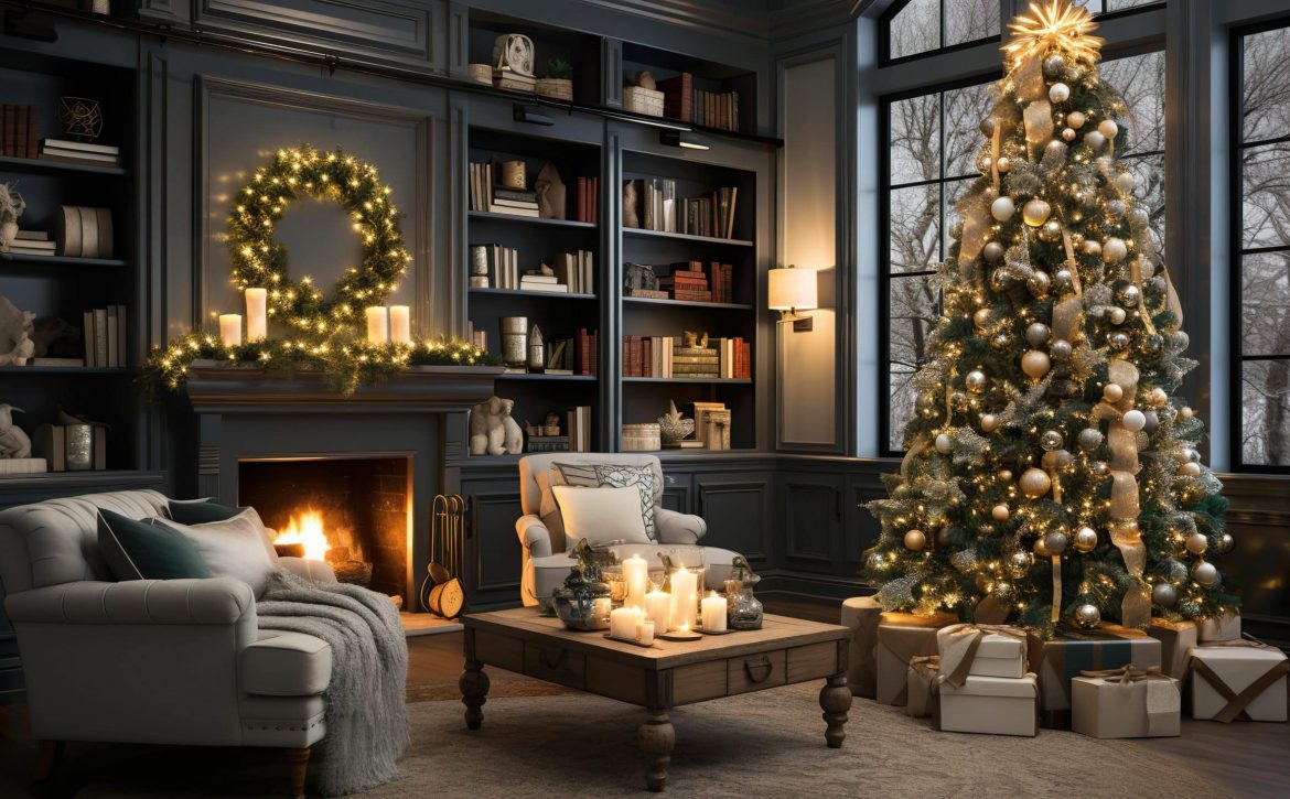 Room decorated with christmas tree and christmas gifts, room with christmas tree and fireplace, christmas advertising design